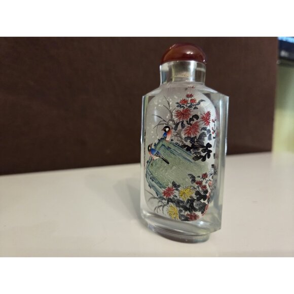 Vtg Chinese Reverse Painted Snuff Bottle Stopper Birds Flowers Cherry Blossoms - Picture 3 of 15